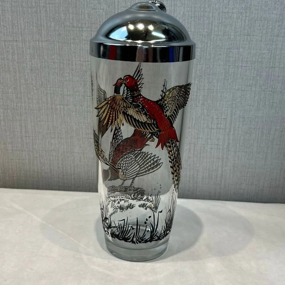Vtg Hazel Atlas MCM Cocktail Shaker Pheasants Birds Glass 1950s Barware Metal Li